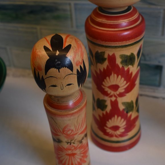 Vintage Kokeshi Wooden Hand Painted Japanese Dolls-Set of 2 - Picture 11 of 16